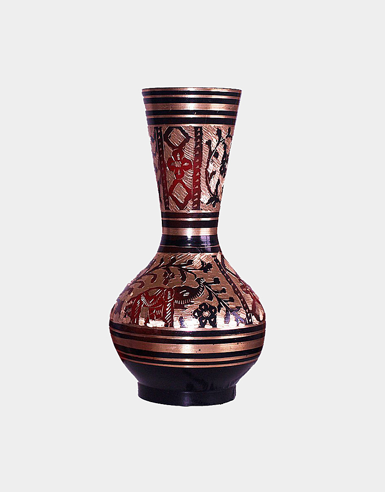 This handcrafted flower vase is made of black metal with golden meenakari work done all over to give antique look. It is an exclusive show piece. Free shipping!