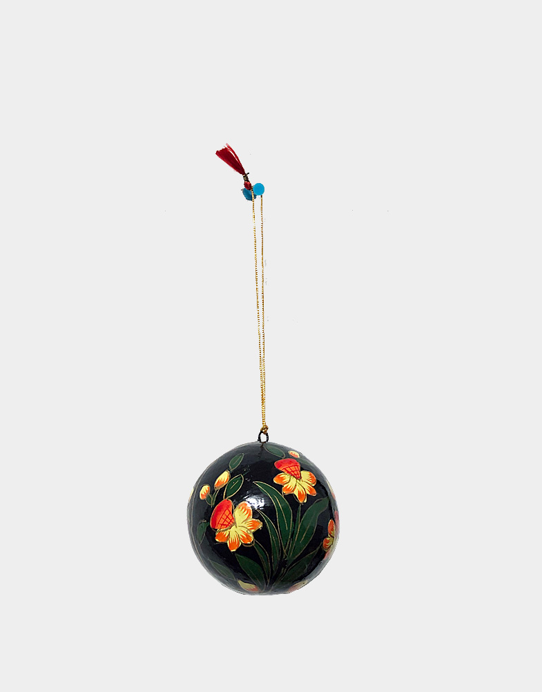 Each ball is painted in different color with shiny flower motif and attached with a golden cord with red tassel at the end. Made of papier mache. Free shipping!