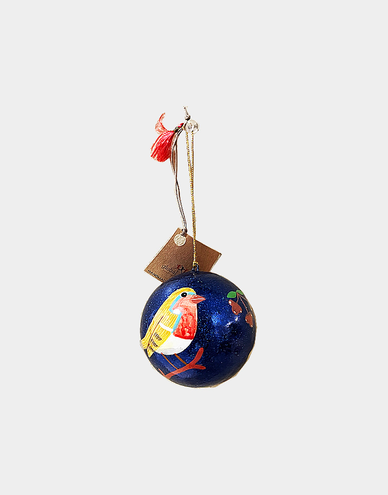 Each ball is painted in different color with shiny flower motif and attached with a golden cord with red tassel at the end. Made of papier mache. Free shipping!
