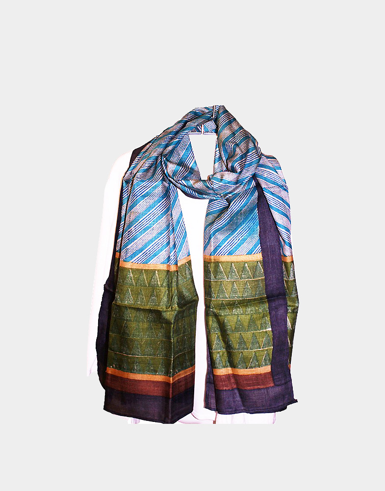 This blue green hand dyed silk scarf is one of its kind. This lightweight silk scarf has blue and white stripes running diagonally all across. Free shipping.