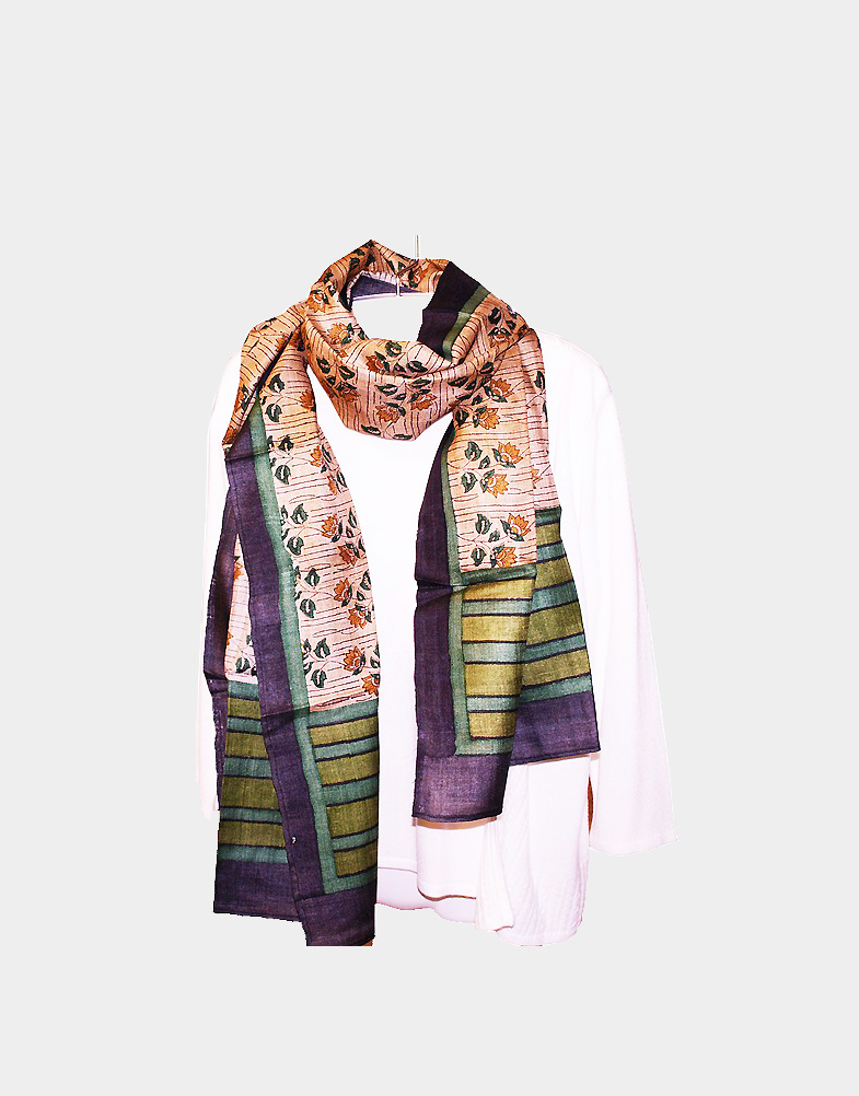 Hand dyed, this lightweight silk scarf has a broad green striped border with small floral patterns all over it. Can be worn in any season. Free shipping.