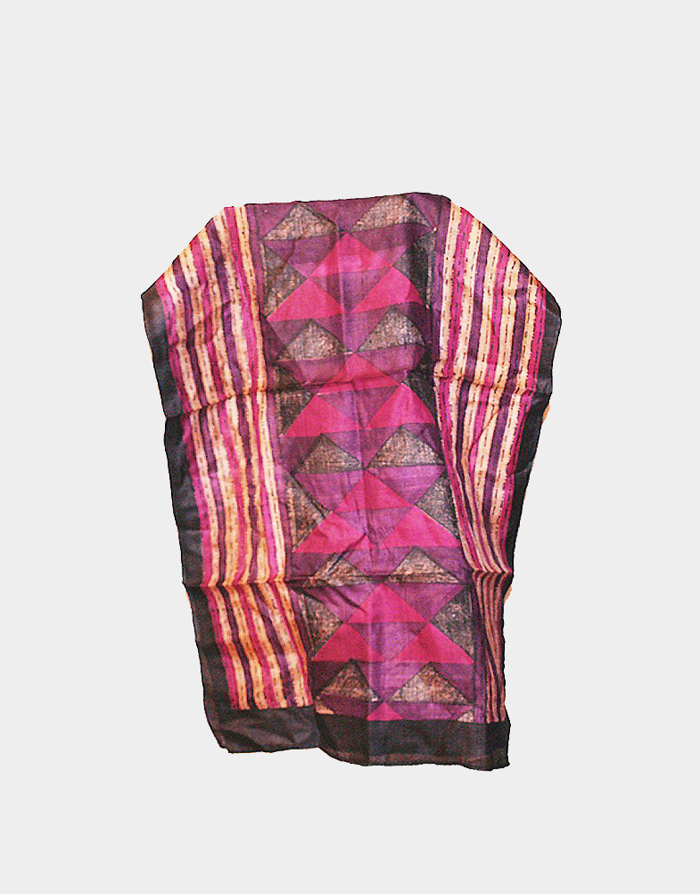 A gorgeous silk scarf for women with unique pattern; this lightweight scarf has shades of purple & dark pink triangle motif all over its body. Free shipping.