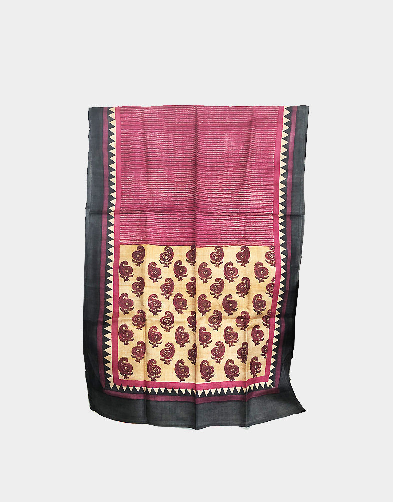 A Tassar silk pink scarf with traditional Indian block print - this scarf has cream colored borders with Indian motif print at both ends. Free shipping.