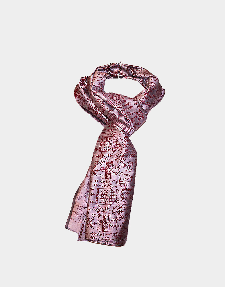 This hand-woven, light grey Khadi silk (50% cotton-50% silk) scarf with maroon folk art print is soft and lightweight. Free shipping at Craft Montaz.