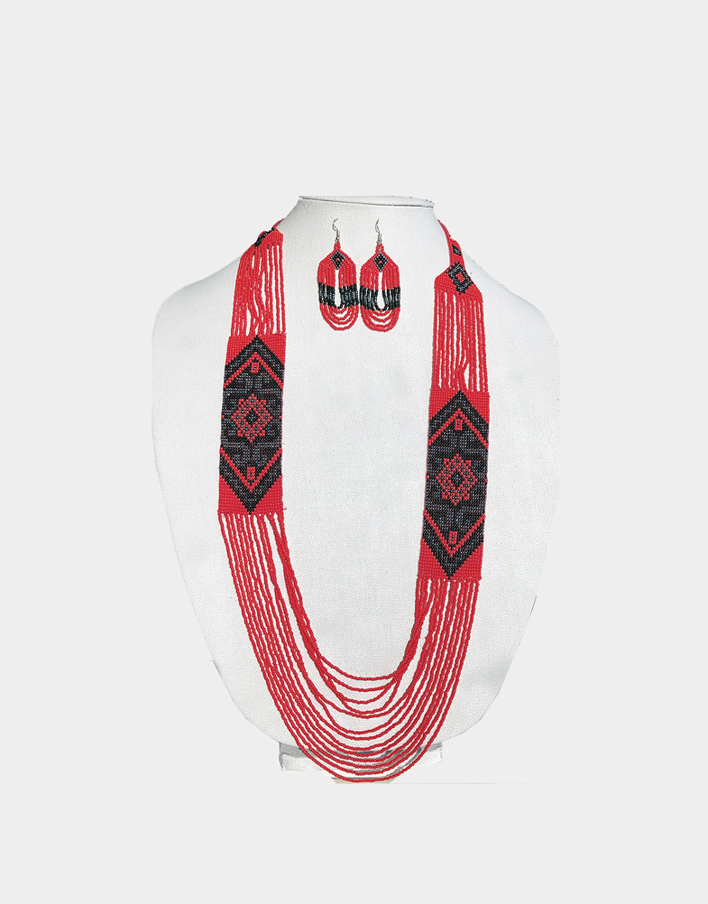 This unique necklace set is made by Kuki tribe women of Nagaland, India with red and black seed beads, woven in intricate embroidered lace pattern. Buy now!