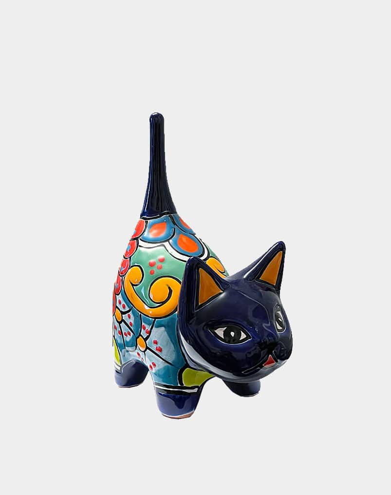 Crafted by Mexican artist on Talavera ceramics with great quality colorful glazed blue cat with long tail stand sturdy. Own this cute cat ring holder for yourself.