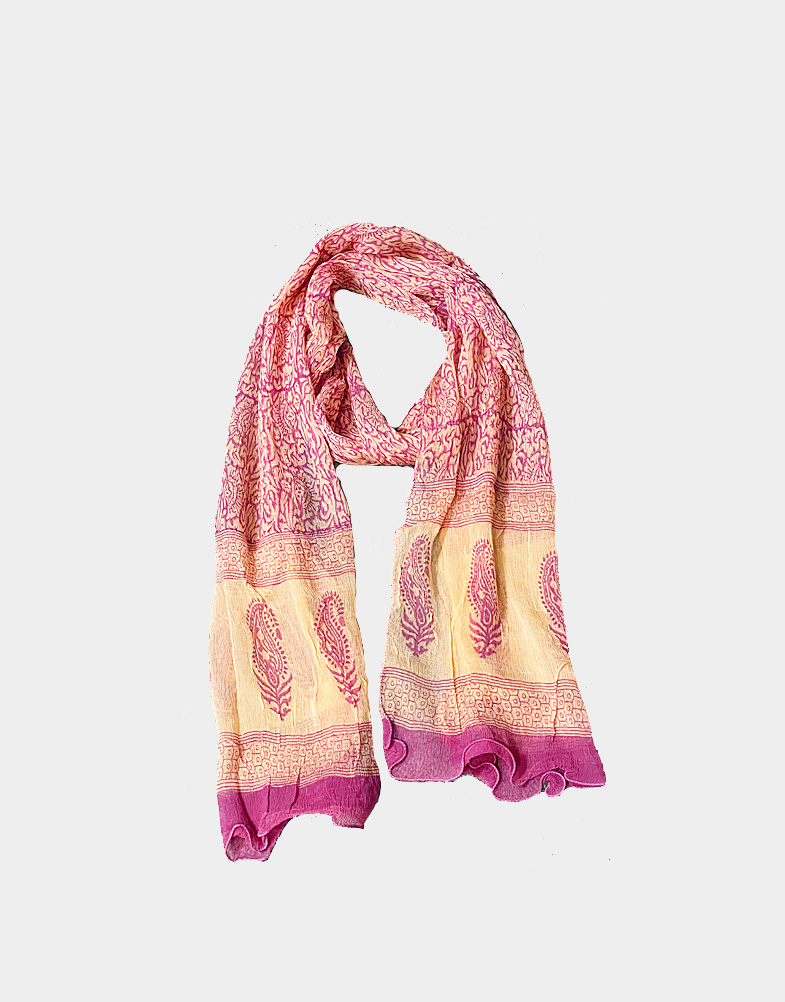 These Fair trade Peach, black and blue chiffon scarves are hand block printed on viscose chiffon. The scarves color and block print design blend beautifully.