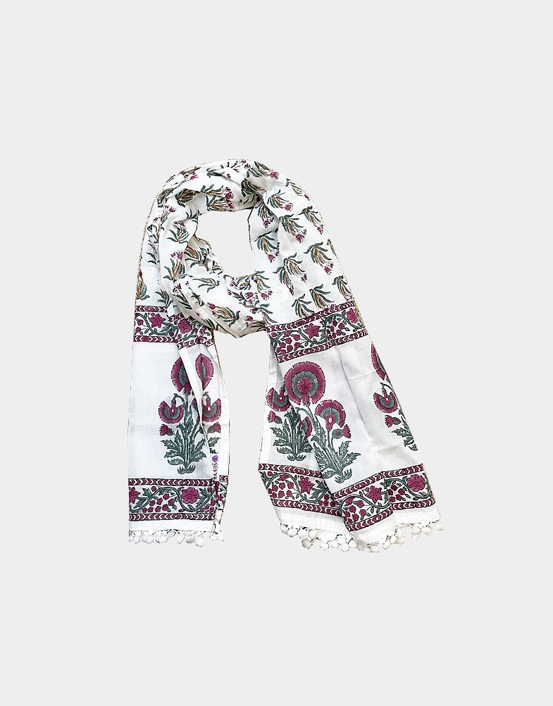 This elegant soft block printed cotton scarf made by artisans in Rajasthan, India. This handmade scarf features a beautiful floral print in maroon with border.